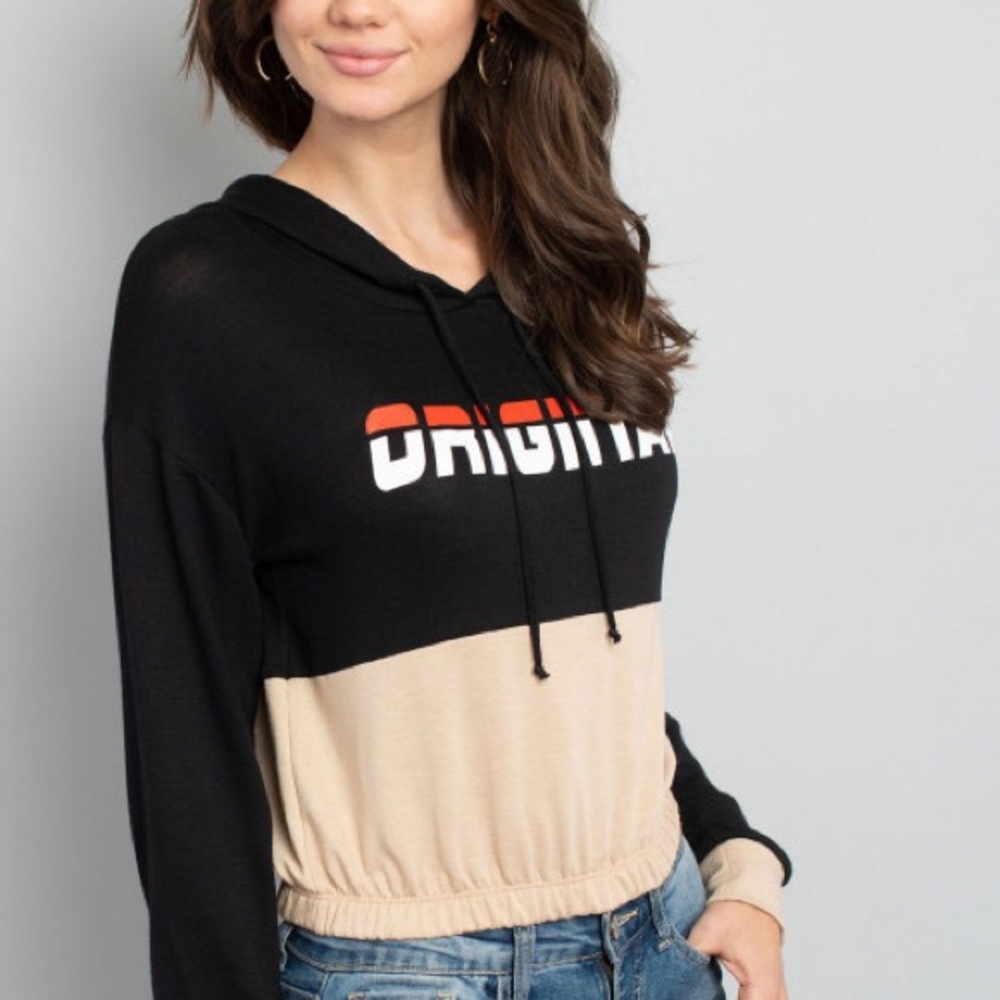 CLEARANCE SALE: BLACK TAN TOP DRAWSTRING HOOD - Picture 3 of 4